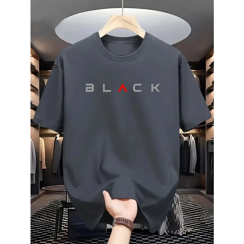 2026Summer men's 100% pure cotton casual loose fit plus size BLACK letter pattern printed round neck short sleeved T-shirt top