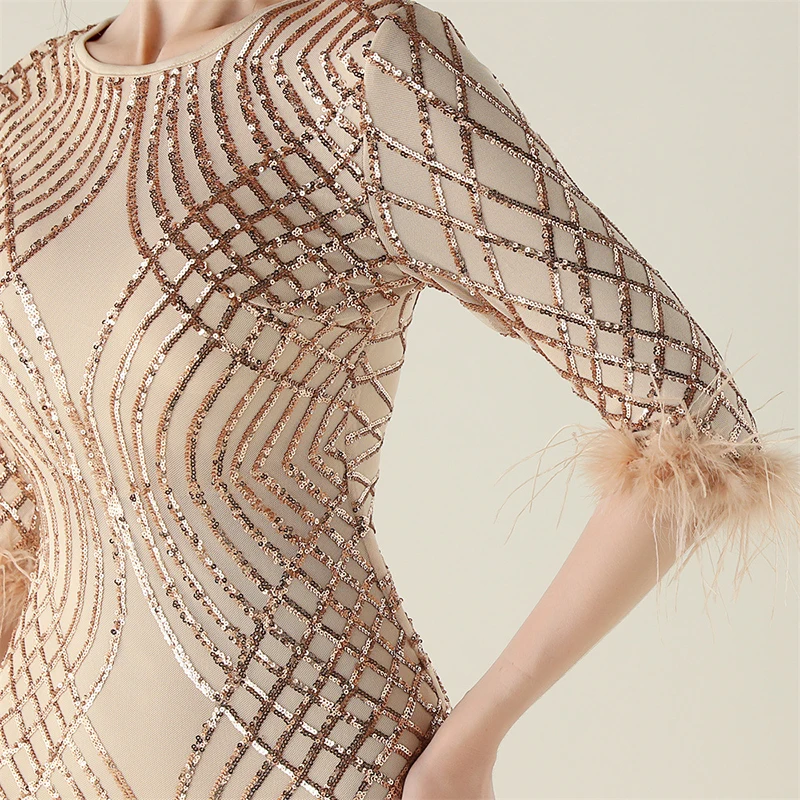 Primavera otoño mujer elegante media manga cuello redondo pluma lentejuelas cóctel graduación lujo fiesta de noche vestido largo