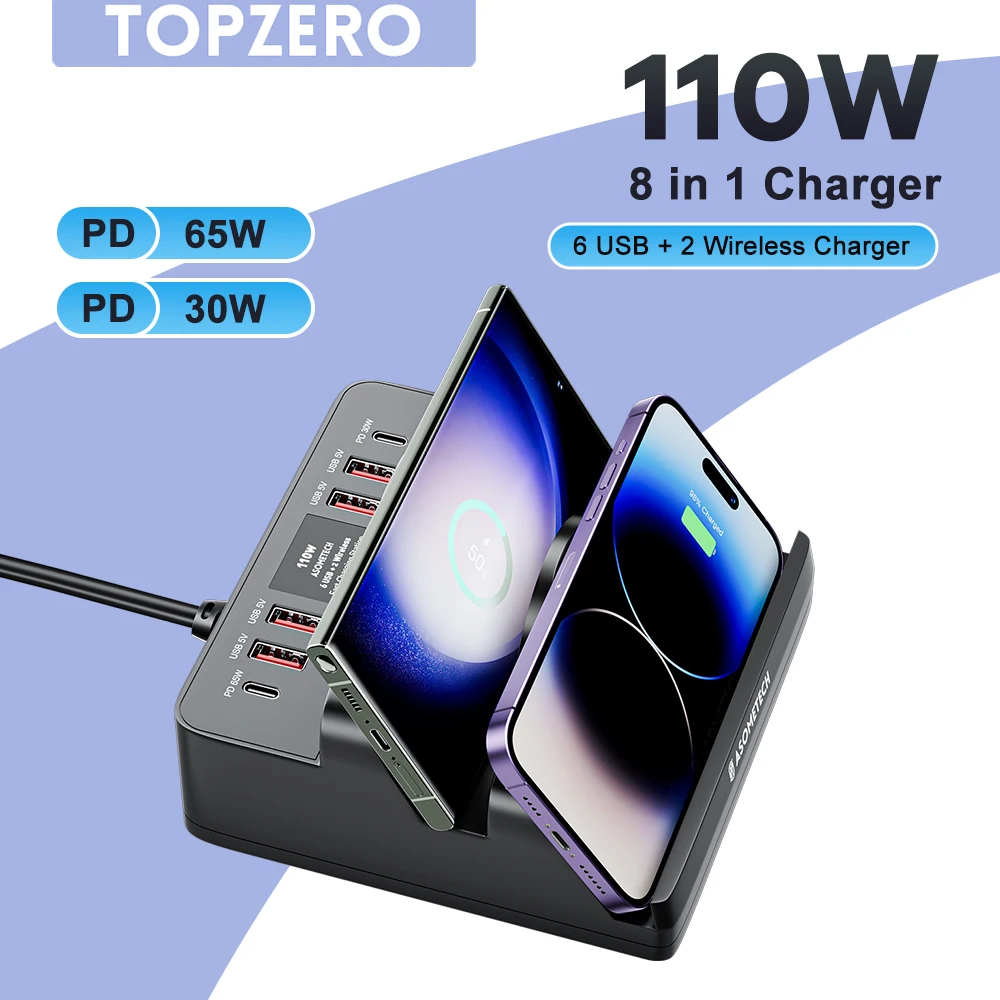 110W 6-portowa stacja ładująca USB Podwójne szybkie ładowanie bezprzewodowe typu C QC3.0 PD3.0 65W Szybkie ładowanie dla iPhone Xiaomi Samsung Laptop