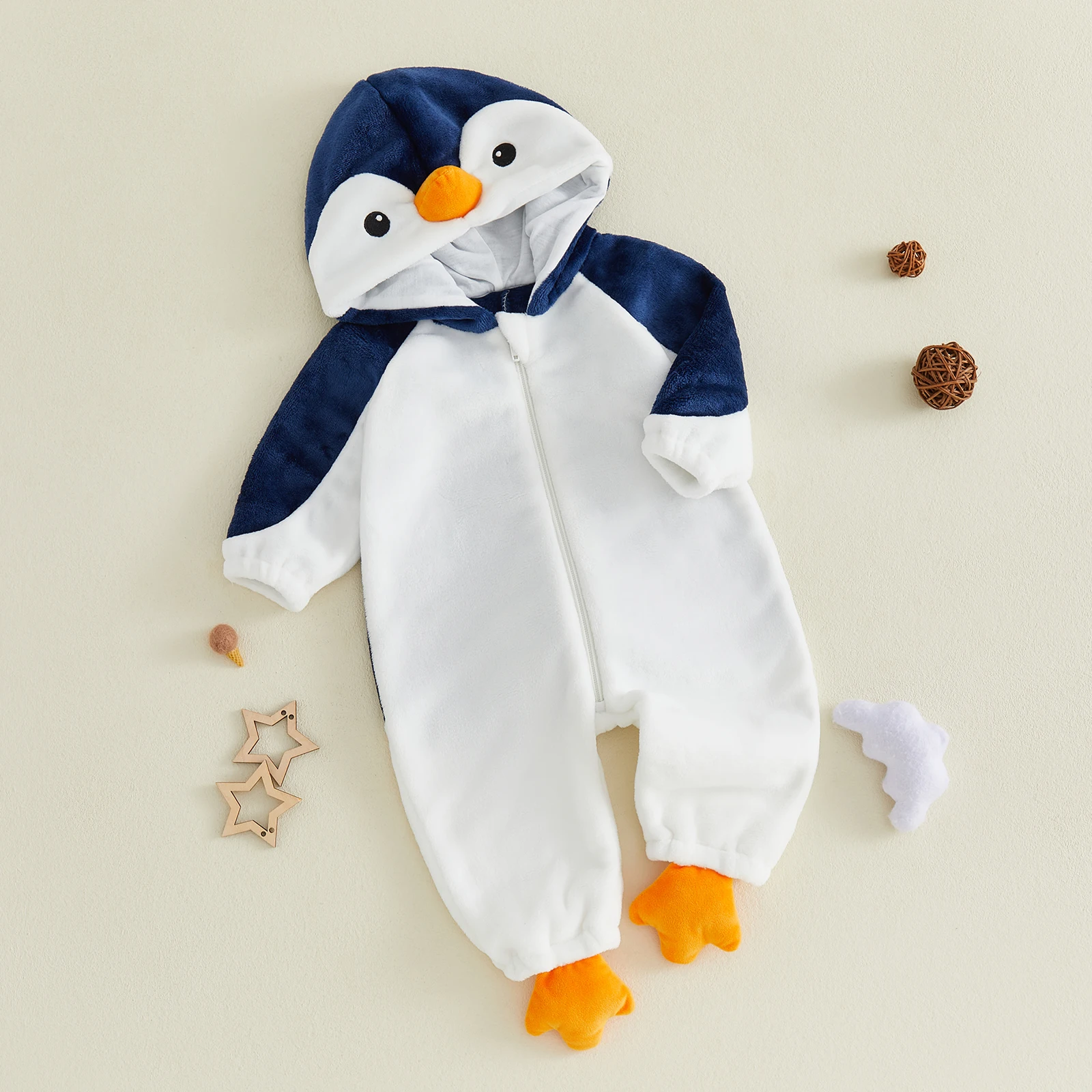 Toddler Boy Animal Costume Baby Penguin Costume Fleece Long Sleeve Zip-up Hooded Romper Halloween Cosplay Jumpsuit Party
