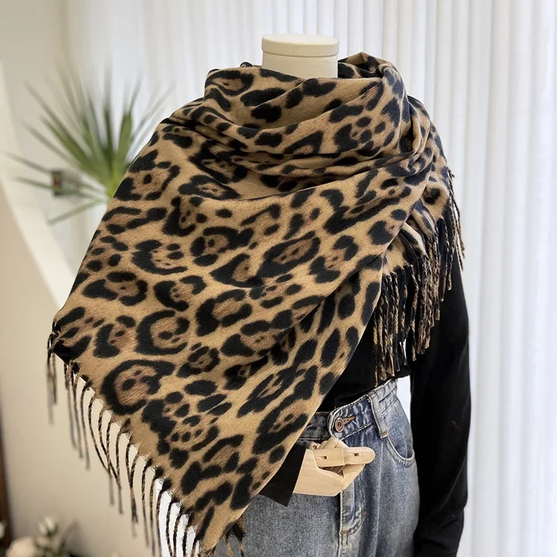 

Women's Leopard Print Winter Fashion Scarf Thick Imitation Cashmere Printed Tassel Shawl All The Warm Neck