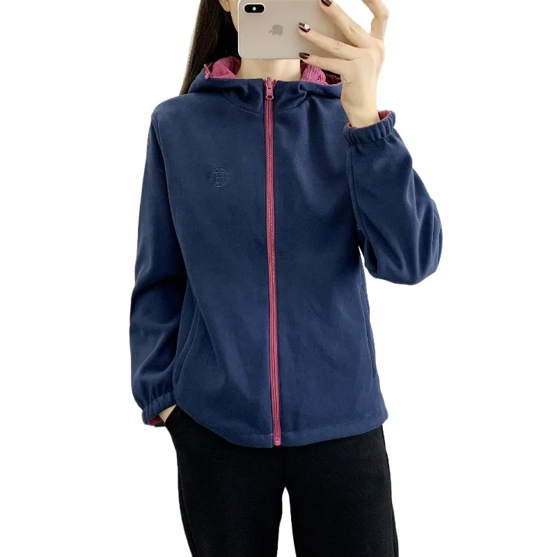 Outdoor Double-sided Jacket, Autumn and Winter Fleece Jacket, Women's Hooded Sports Waterproof Soft Shell Hiking Suit