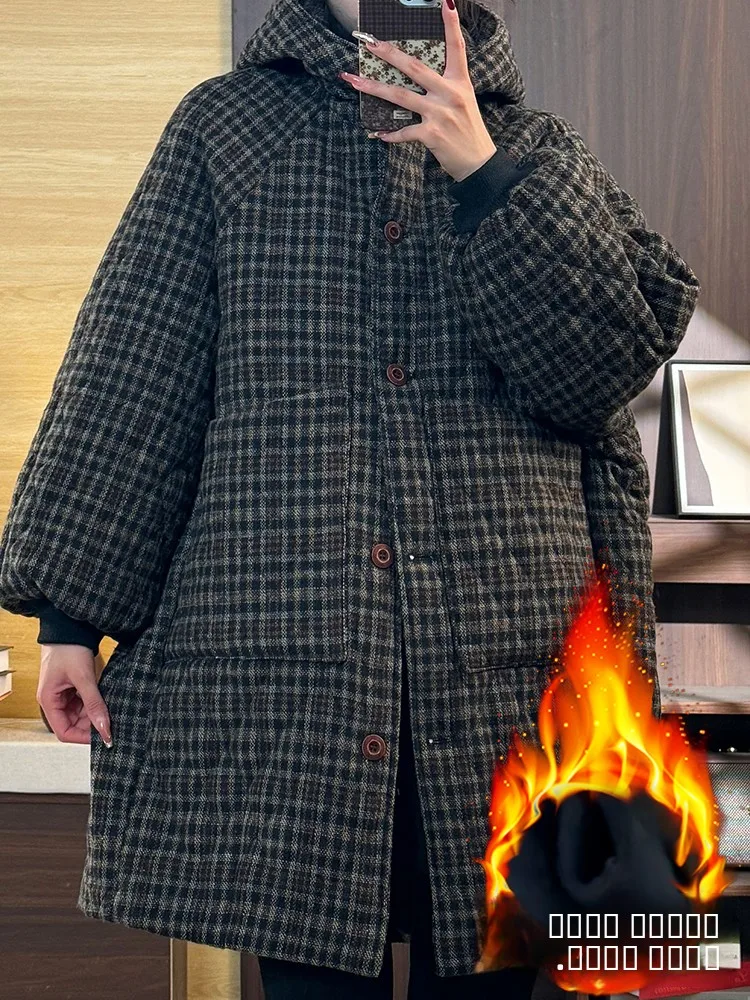 

Утепленная теплая клетчатая хлопковая куртка с капюшоном, женское зимнее пальто средней длины на флисовой подкладке, корейский стиль, свободный крой, длинный рукав