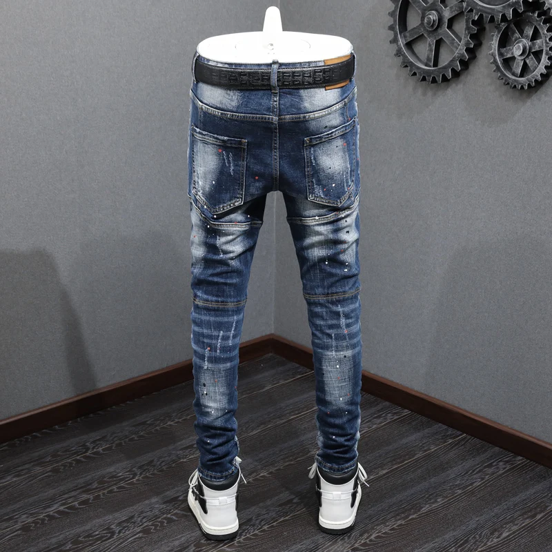 Fashion Designer Men Jeans Retro Blue Spliced Elastic Slim Fit Ripped Jeans Men Embroidery Vintage Trousers Hip Hop Pants Hombre