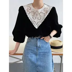 Spring Autumn New Black Golden Velvet Tops Tees Long Sleeve Hollow Out Patchwork Office T Shirts Elegant Fashion Women Clothing