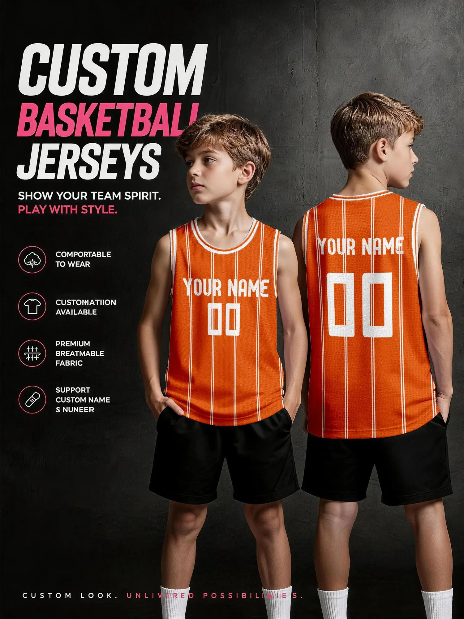 Customized orange vertical stripe basketball vest for children and adults, breathable mesh jersey with printed name and number
