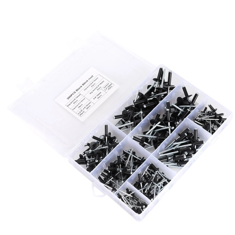 200pcs Black Blind Rivet Kit Aluminum Blind Rivet Fasteners Assortment 3.2/4.0/4.8mm