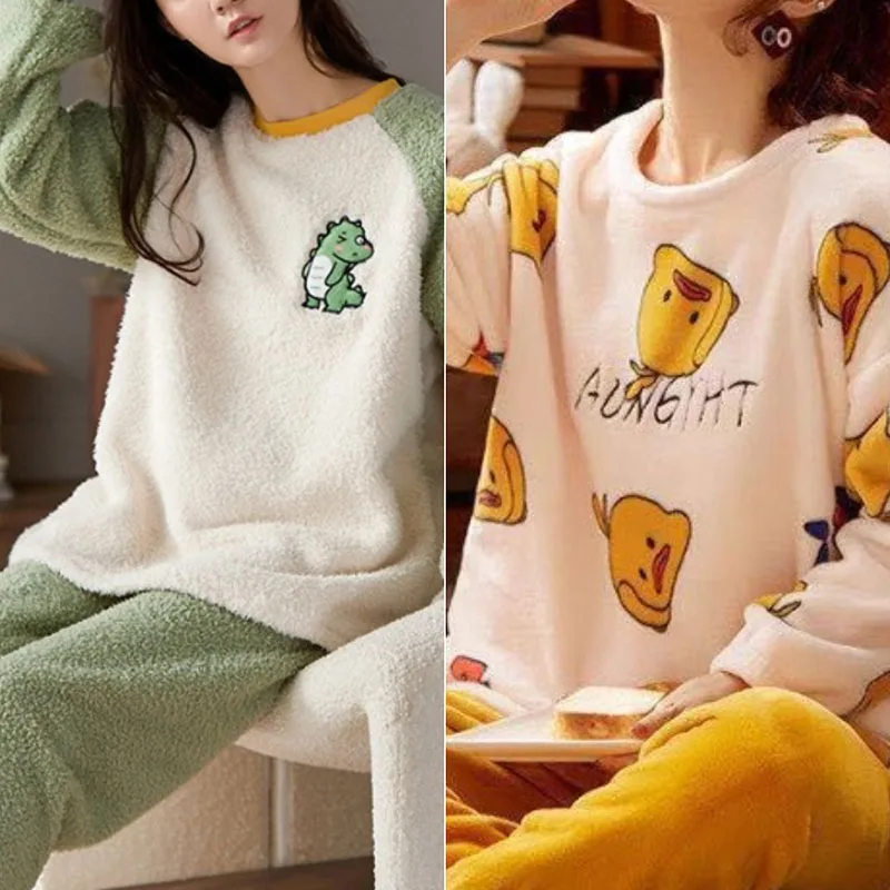 2pcs/Set Women\'s Pajamas Coral Velvet Autumn And Winter Thickened Padded Warm Women\'s Home Clothing Student Pajamas Young Girls