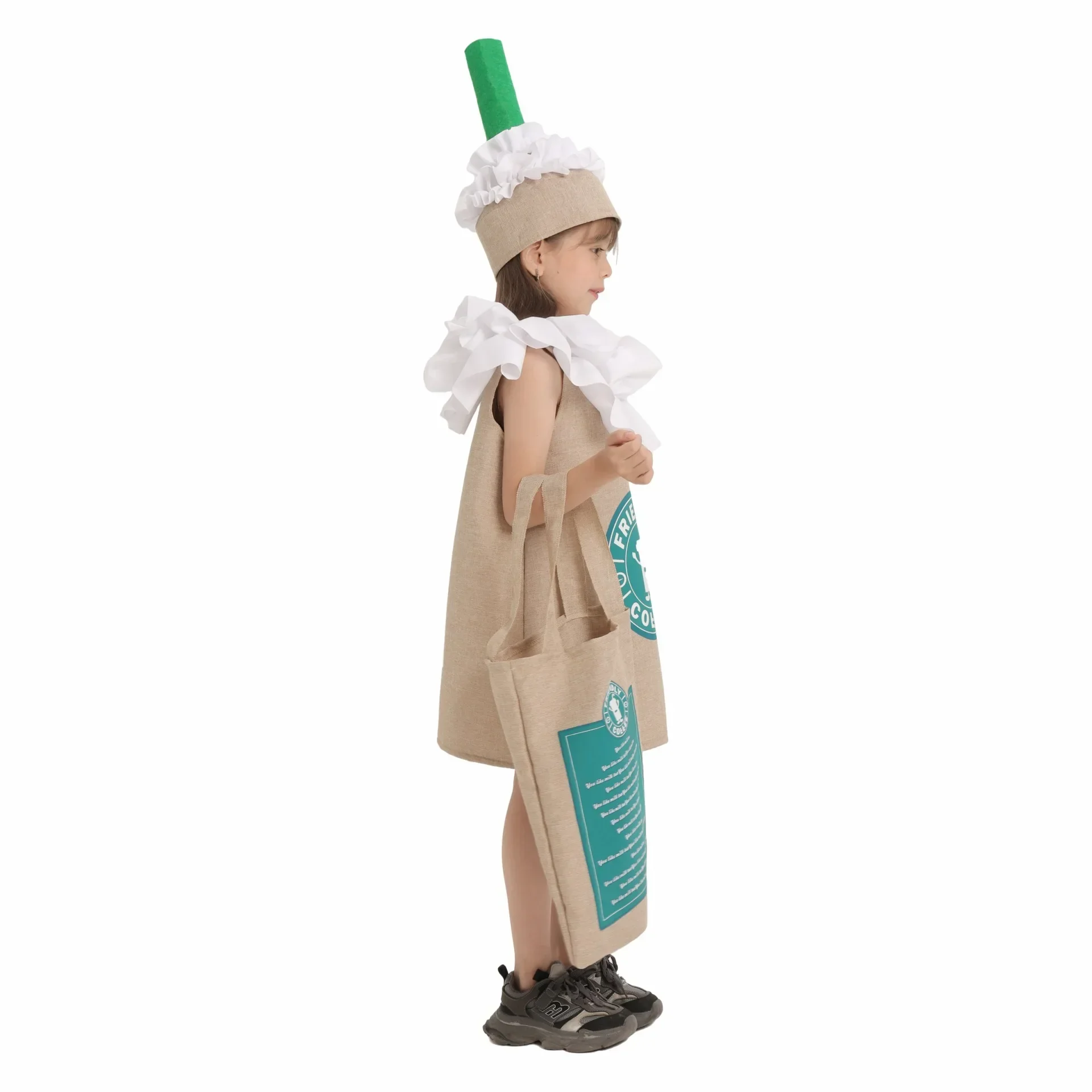 أزياء الهالوين لعام 2025 de nourriture pour enfants، Tenues pour enfants، boissons de coco vert، Thi au lait، scène، vêtements de