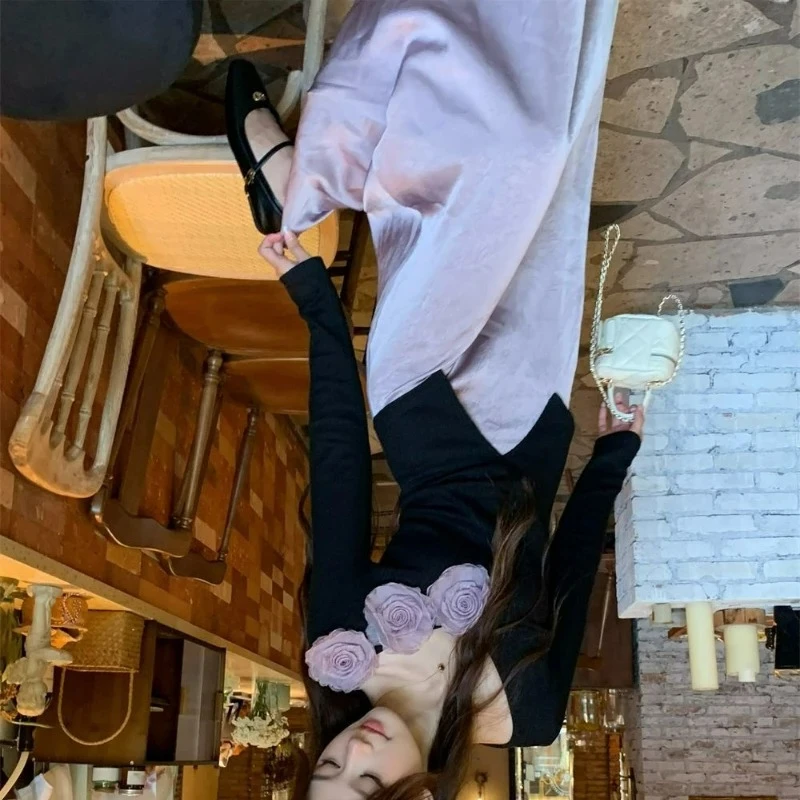 

2026 Autumn New Fashion Purple Two-Piece Set Rose Body-Slimming V-Neck Long Sleeve Knit Sweater Hemline Semi-Length Skirt Women
