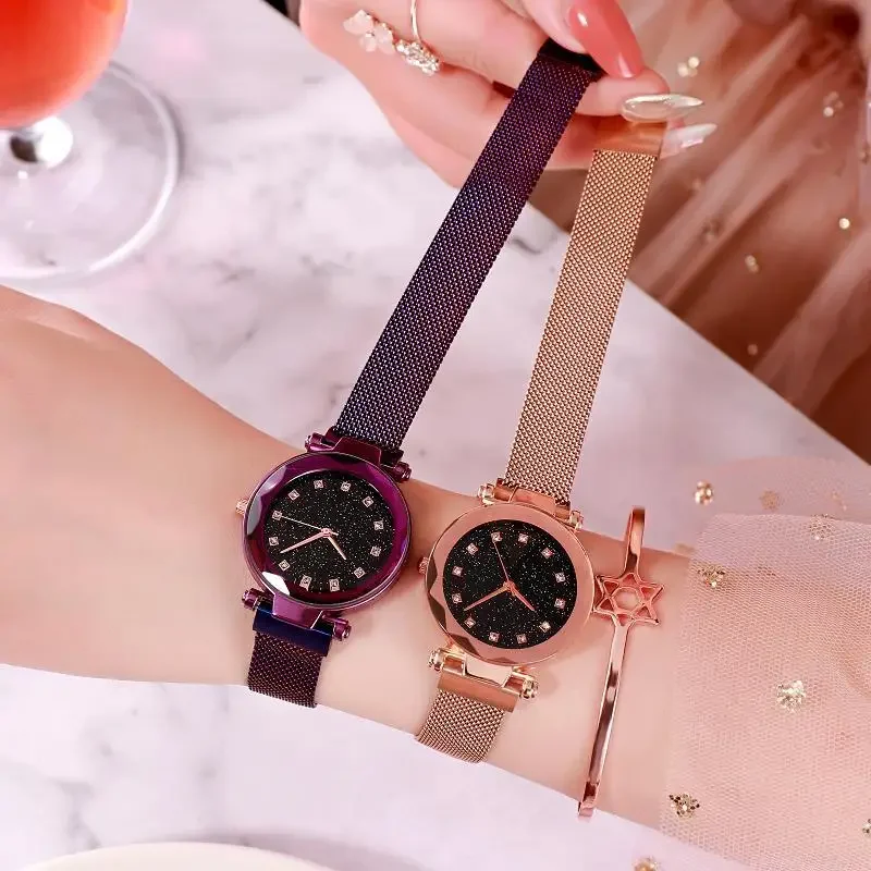 Women Watches Fashion Starry Sky 2024 New Popular Ladies Quartz Clock Luxury Magnetic Mesh Female Fashion Wristwatch