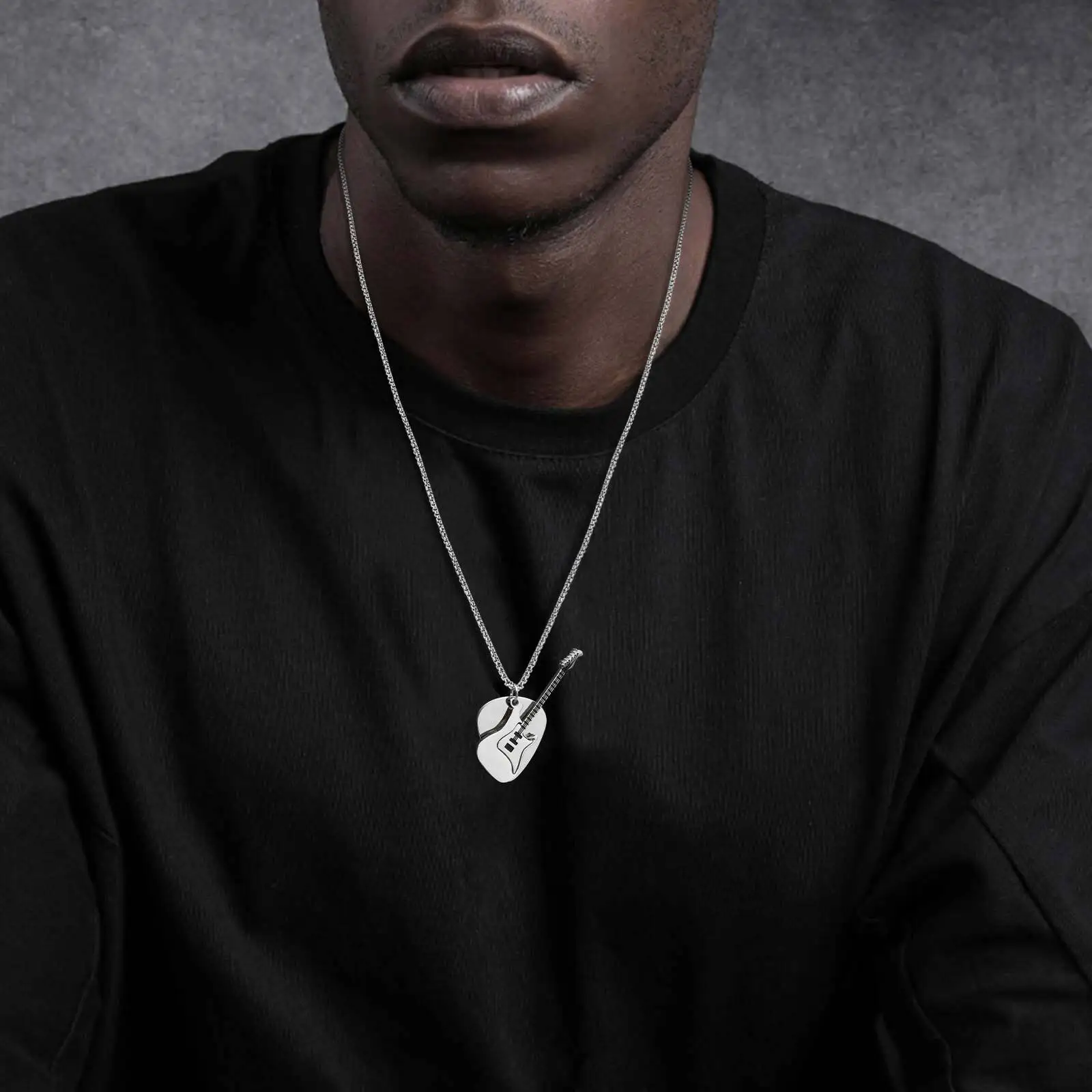 Vnox Guitar Pendant Necklace for Men, 2mm Width Box Chain Punk Necklace, Black Silver Color Stainless Steel Jewelry Gift for Him - Image 2