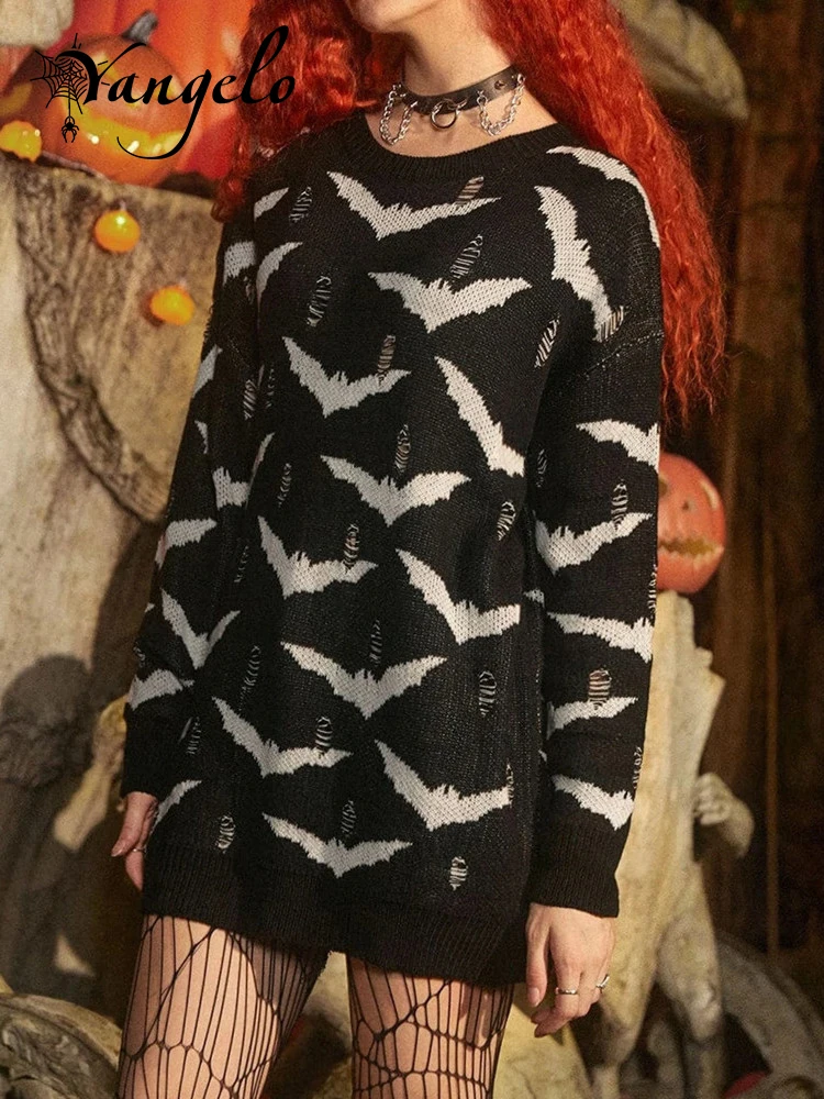 

Yangelo Dark Gothic Bat Pattern Knitted Sweater Y2K Punk Grunge E Girl Round Neck Long Sleeve Loose Street Torn Pullover