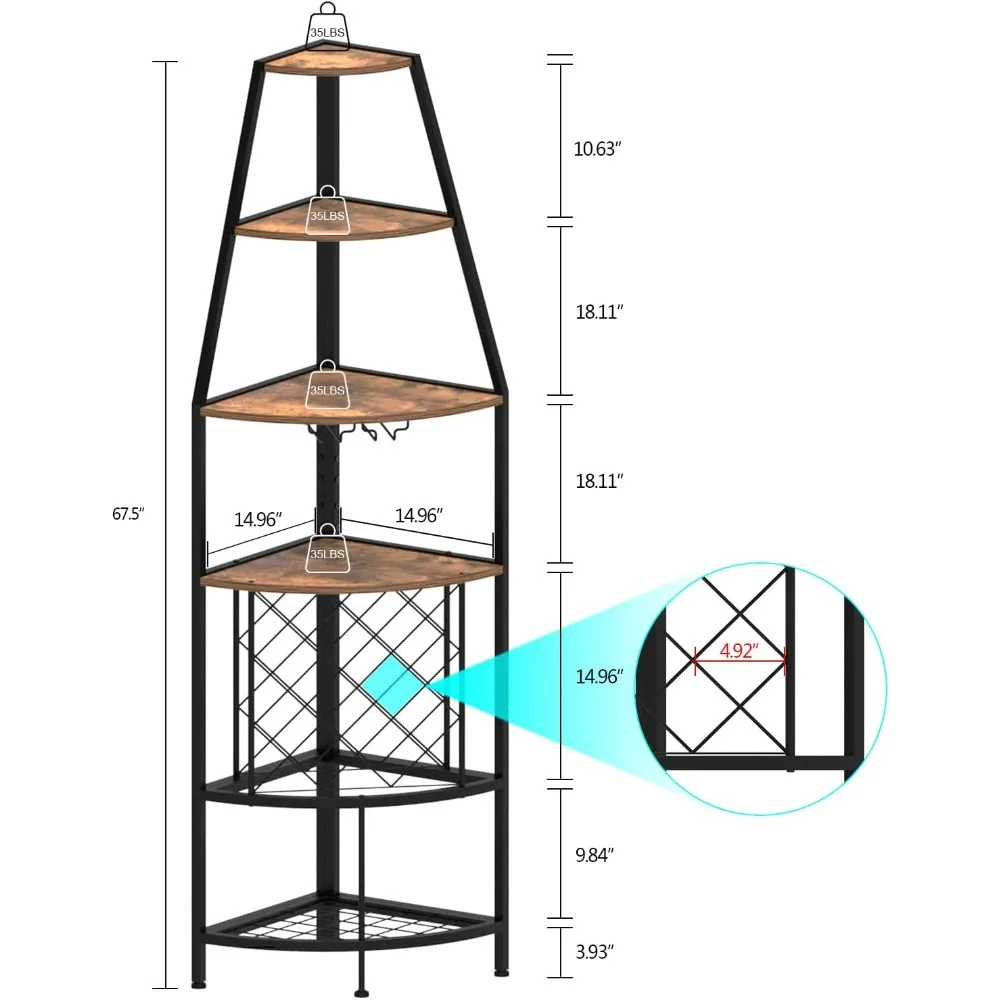 Rack de vinho de canto de 5 camadas com luz LED Rack de vinho de chão com suporte de vidro e garrafas de armazenamento de vinho Móveis de bar para casa fo