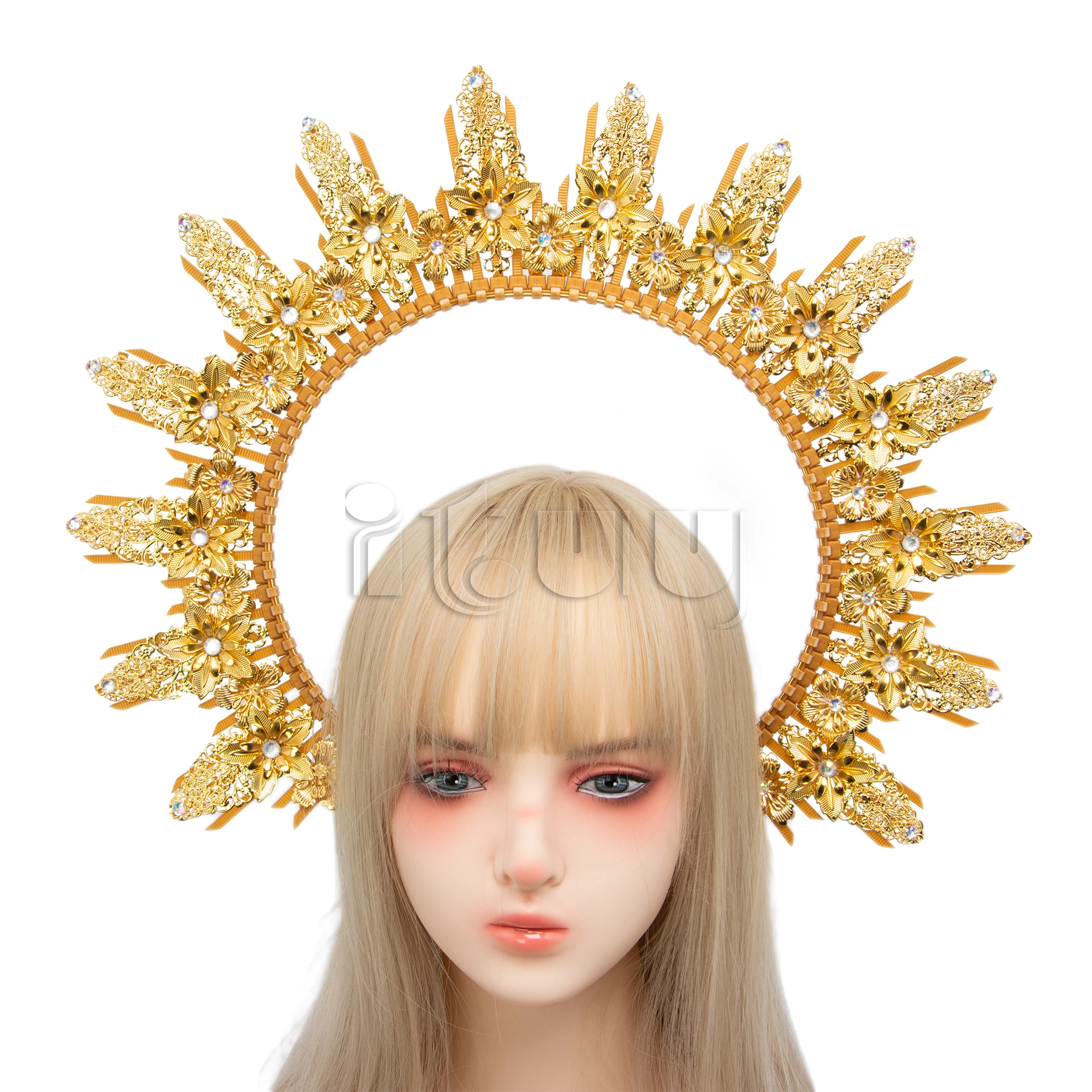 Sun Goddess Halo Crown Baroque Golden Headpiece KC Tiaras Wedding Crown Lolita Exaggerated Complete Headpiece Photoshoot  Props