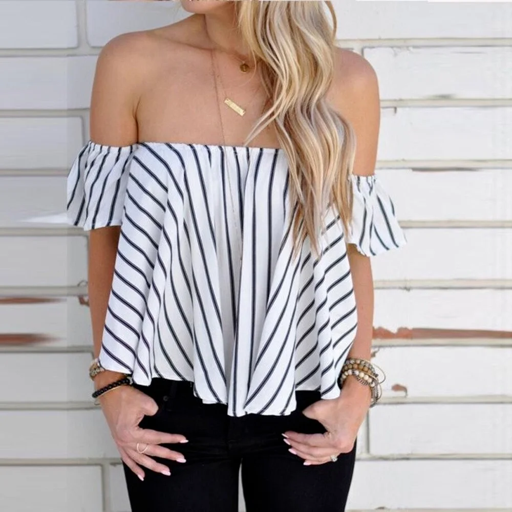 Ladies Girls Loose Casual Blouses New Fashion Women Blouse Chiffon Short Sleeve Striped Tops Backless Off Shoulder Shirt