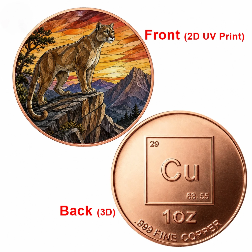1pc 1oz .999 Fine Copper Stained Glass Mountain Lion Challenge Coin UV Print Wild Puma Cliff Landscape Medal Collectible Gifts