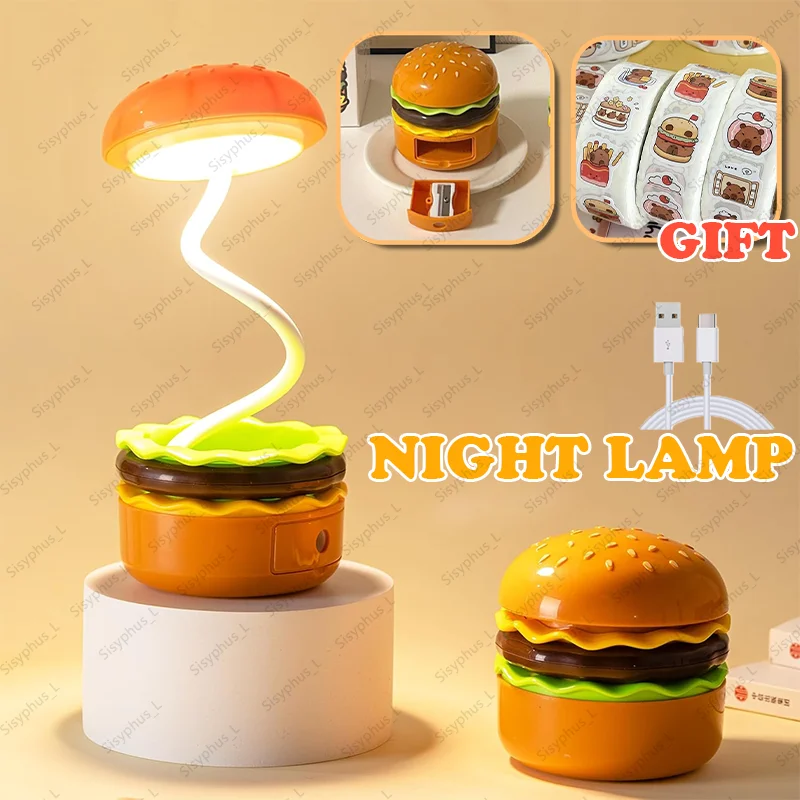 

Creative Burger LED Desk Lamp Cute Hamburger Light Rechargeable Cartoon Night Light Eye Protection Gift for Kids