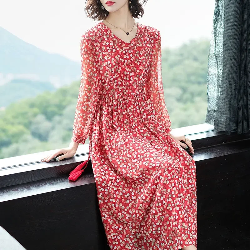 2024 Spring Summer Dress 100% Silk Dress Female Polka-dot Elegant Dresses For Women Casual Long Sleeve Vestido De Mujer Pph3754