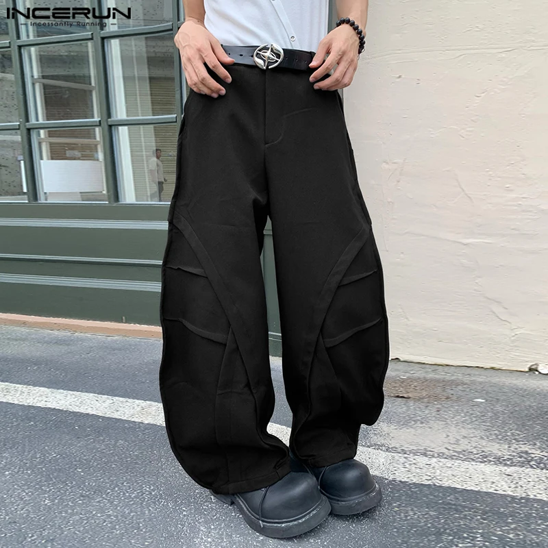 INCERUN 2024 Korean Style Trousers Fashion Mens Solid Curved Pant Casual Streetwear Male Hot Sale Loose Wide Leg Pantalons S-5XL