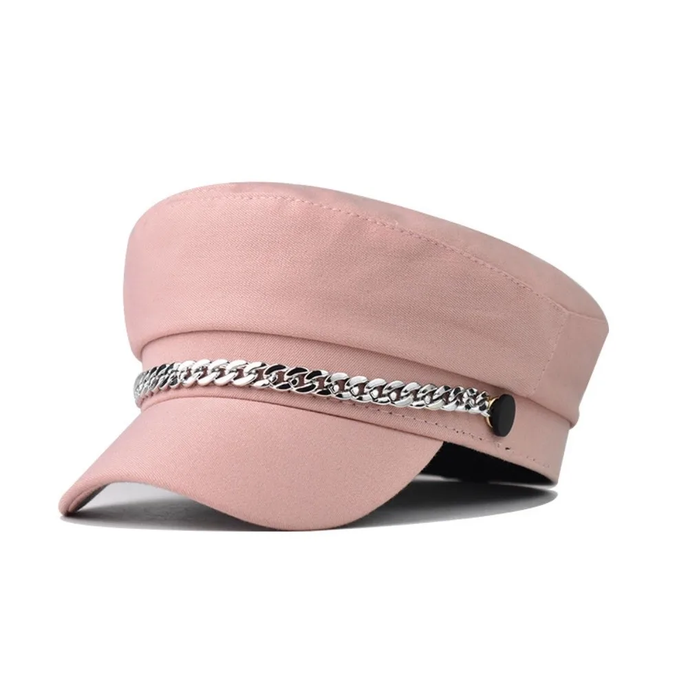 Vintage Cotton Polyester Newsboy Cap Chain Decor Short Brim Short Brim Peaked Cap Adjustable Beret Hat Daily Wear