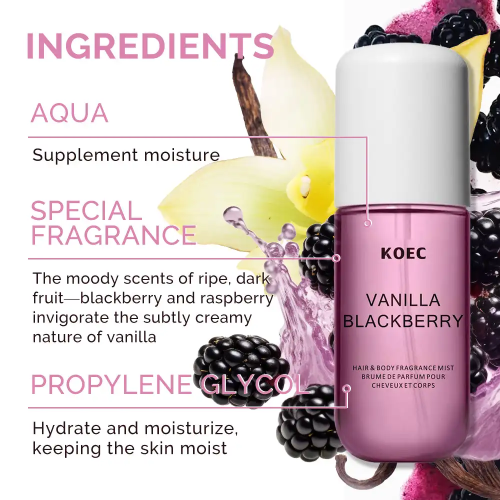 50ml KOEC Vanilla Blackberry Fragrance Mist Perfume Moisturizing Refreshing Triple Notes Raspberry Extract Propylene Glycol
