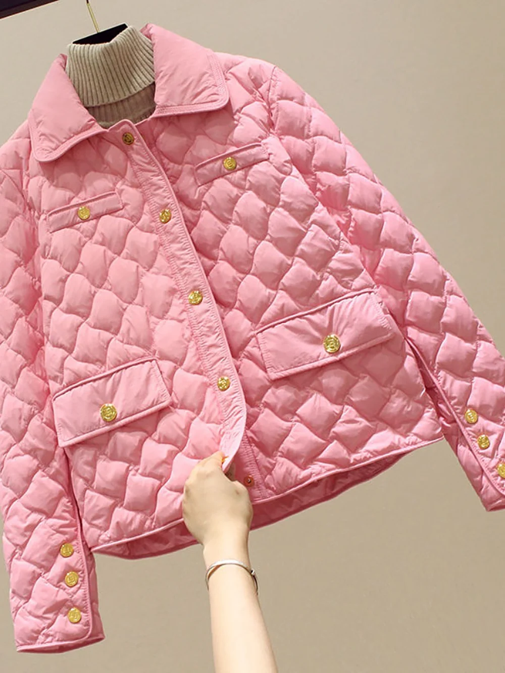 Casual Turn-down Collar Quilted Jackets for Women 2024 Lightweight Single-breasted Cotton Coats Autumn Winter Female Outerwear