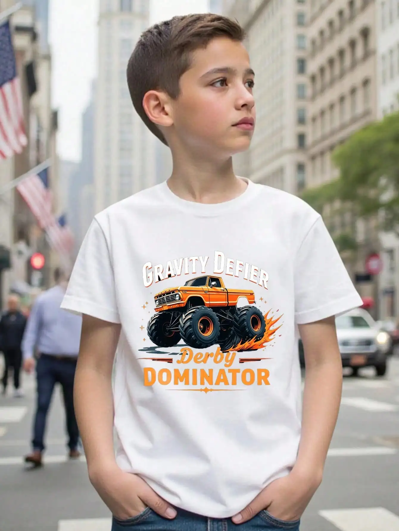 

Boys/Girls Monster Truck Back To School Cotton Graphic Tees, Black Casual Summer Tops With Vehicle Pattern