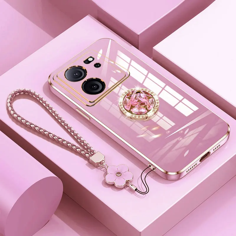 Xiaomi13T Case Luxury Diamond Ring Cover For Xiaomi 13T 12T 11T 13 12 pro Lite Phone Case With Flower Lanyard Plating Cases 13T