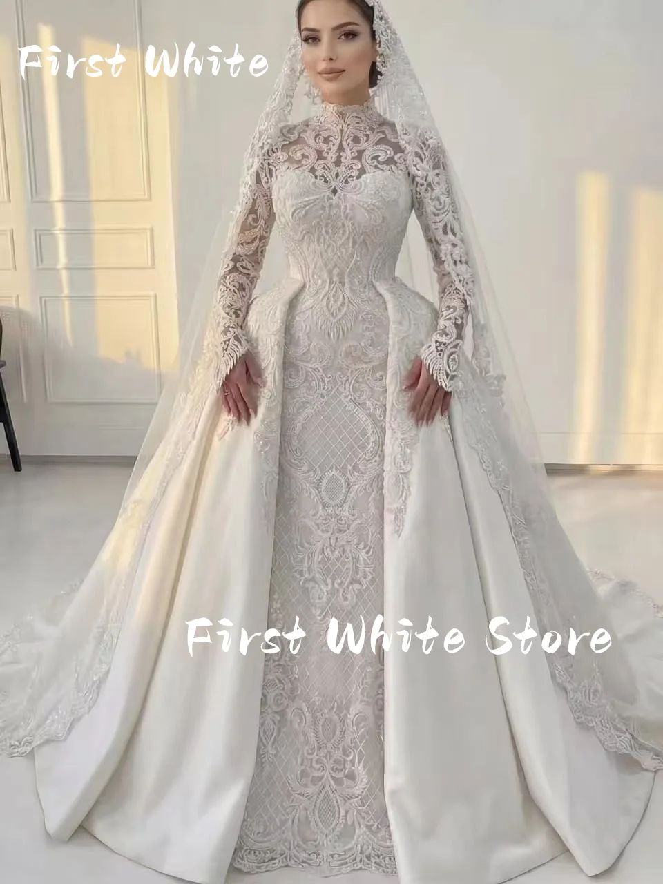 Elegantly Wedding Dresses Pure Chiffon Embroidered Lace On Net Full Appliques Mermaid Detachable Train Princess Dress Custom Mad