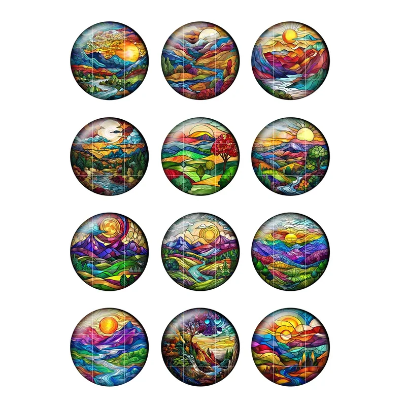 24pcs/lot Round Glass Cabochons 12mm 20mm 25mm Sunrise and Sunset Art Patterns DIY Jewelry Making Findings & Components H302