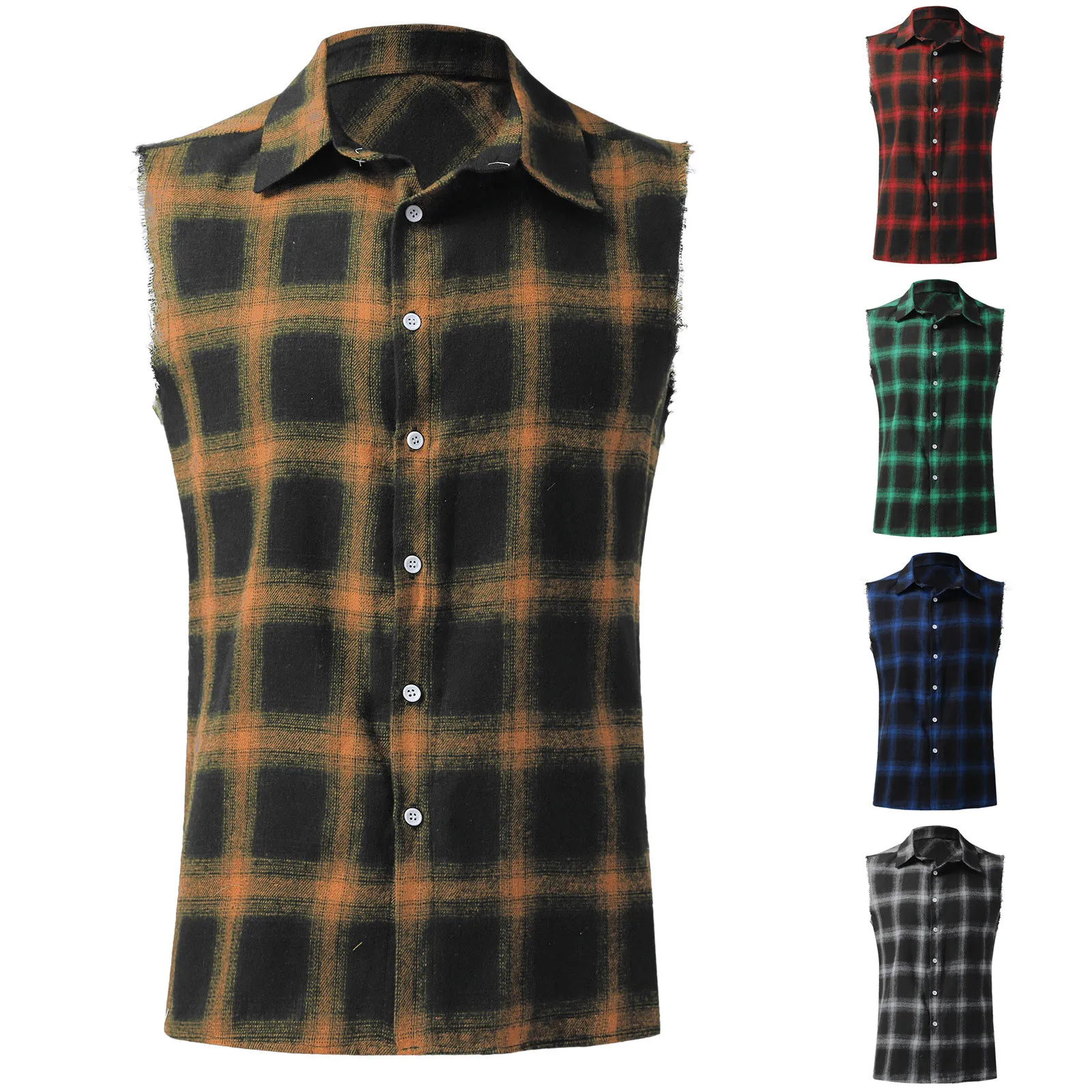 Mens Sleeveless Plaid Shirts Vintage Stand-Up Collar Single Breasted Shirt Man Summer Loose Sanding Streetwear Sports Shirts