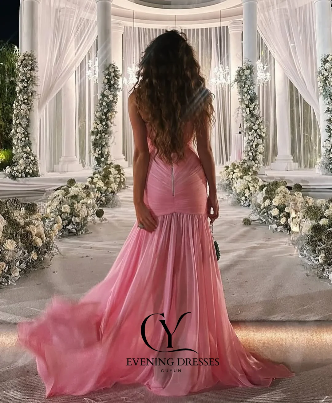 Cuyun novo luxo rosa feminino vestidos de noite sem alças chiffon plissado vestido de festa personalizado formal ocasião vestido de banquete