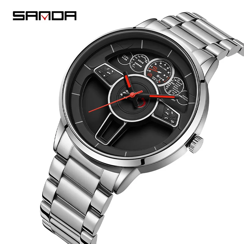 

SANDA 1139 Men Quartz Watches Steer Wheel Design Leisure Creative Unique Business Stainless Steel Strap Wrist Watches for Male