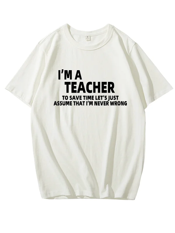 Pure Cotton T-Shirt Short Sleeve round Neck Letter Print Casual Comfortable Breathable Unisex Summer Top for Teachers