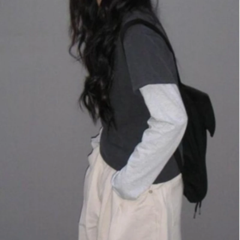 التباين اللون الشارع الرجعية الزهور خياطة كامي سيتا شيك عادية تي شيرت رو با مخطط التخسيس كاذبة قطعتين كم طويل #5