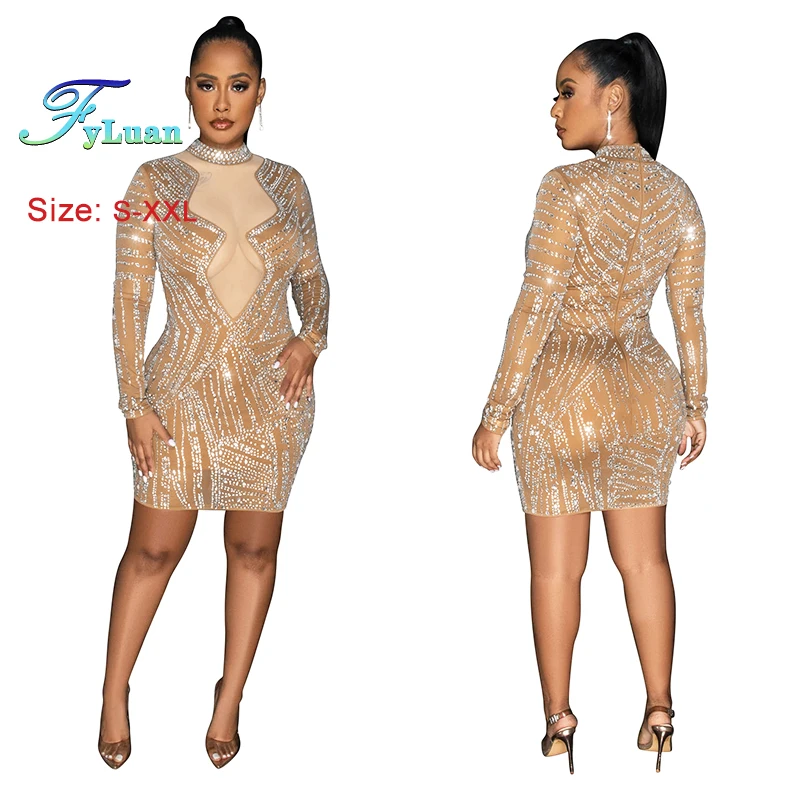 فستان نسائي قصير رائع ومريح موديل 2025 بأكمام طويلة ورقبة دائرية بلون سادة شفاف ضيق مناسب للاحتفال بالحفلات الراقصة