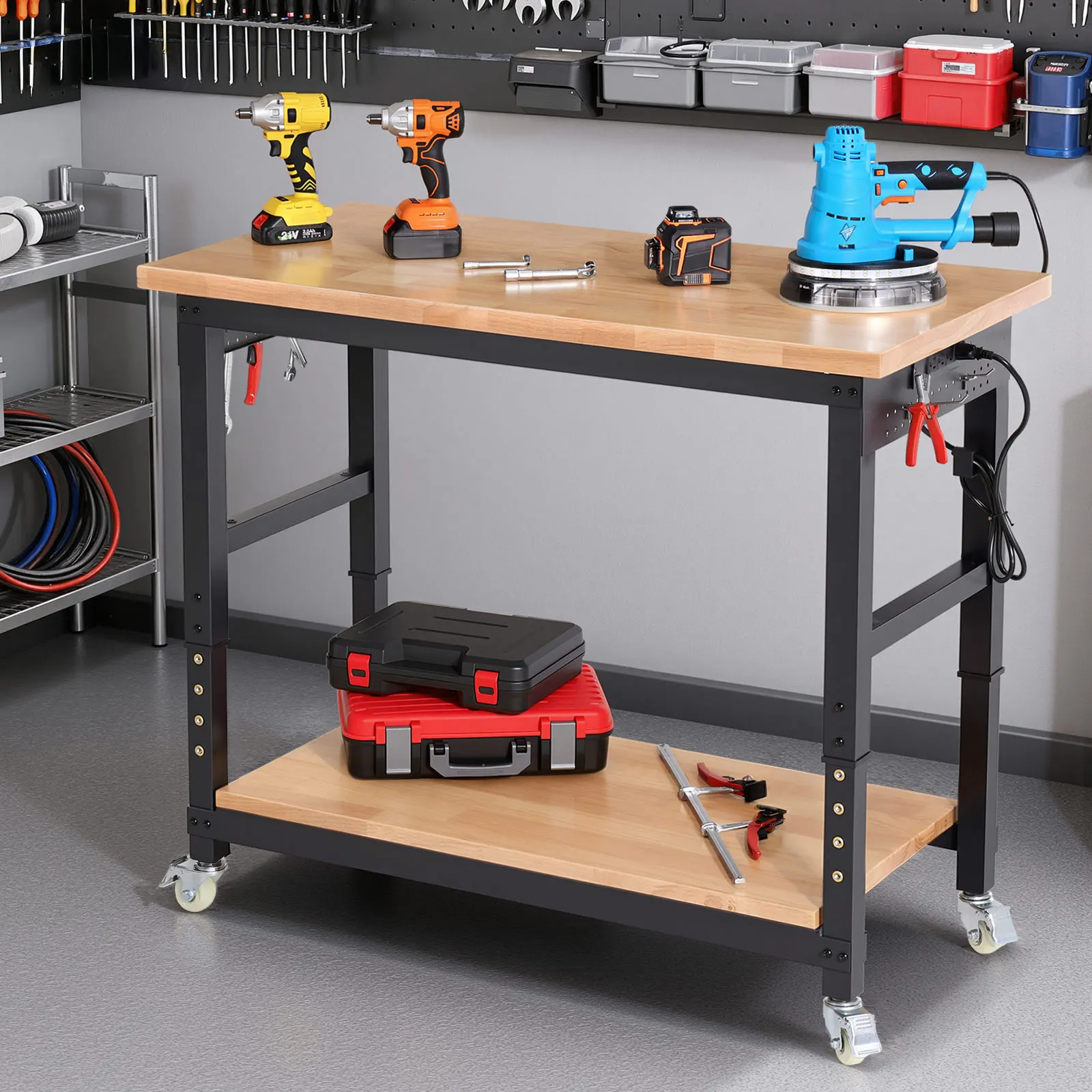 

ENJOYWOOD 48-дюймовый верстак с полкой под столом и колесами, деревообрабатывающий стол с регулируемой высотой для гаража, дома, офиса