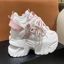 Zapatillas de deporte con plataforma para mujer, zapatos deportivos con cordones de 10,5 CM, informales y gruesos de malla de fondo grueso, color blanco, otoño