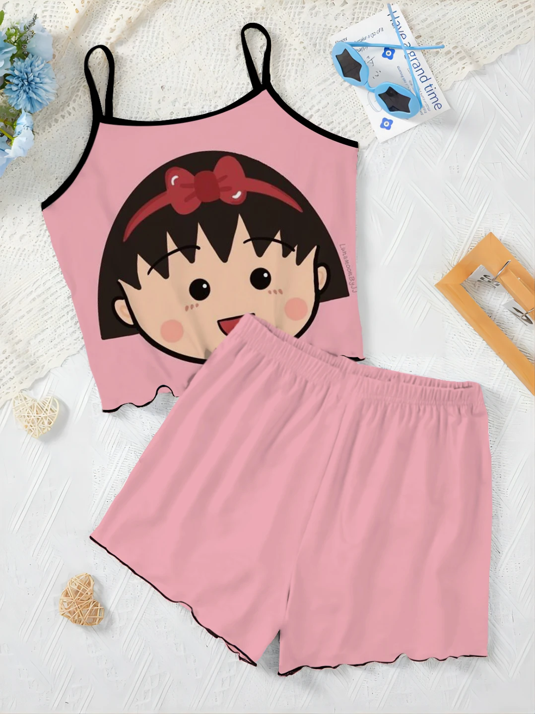 

Chibi Maruko-chan Home Dress T-shirt Top Elegant Women's Sets Lettuce Trim Pajama Skirt Pieces Short Summer Suit Slip Dress Top