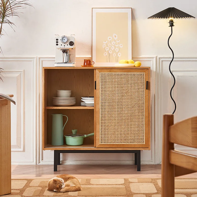 

Ash wood dining side cabinet New Chinese-style household small apartment rattan double door side cabinet Restaurant