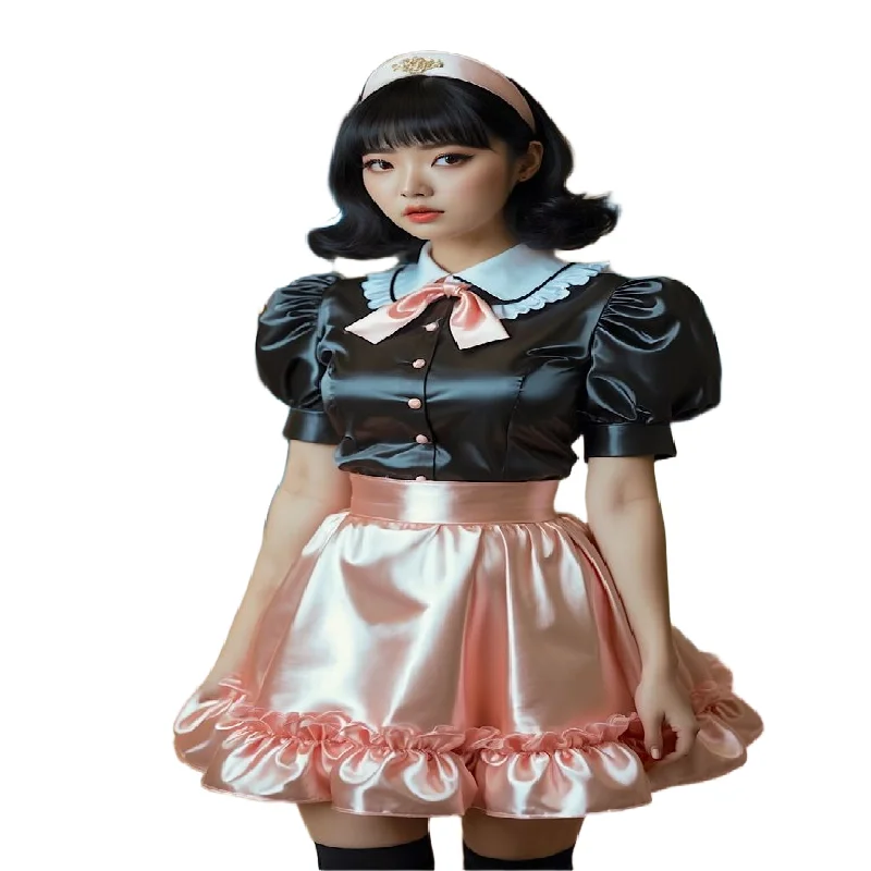 فستان خادمة ذو لونين أسود مع فستان خادمة وردي برقبة عالية وأكمام قصيرة وكشكشة للحفلات الراقصة 2025 زي كوكتيل كوري أنيق حسب الطلب