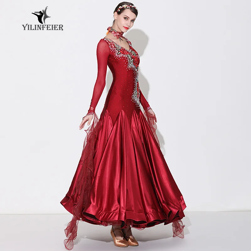 1pcs/lot luxury style woman wine red embroidery ballroom dancing dress lady rhinestone waltz dancing dress