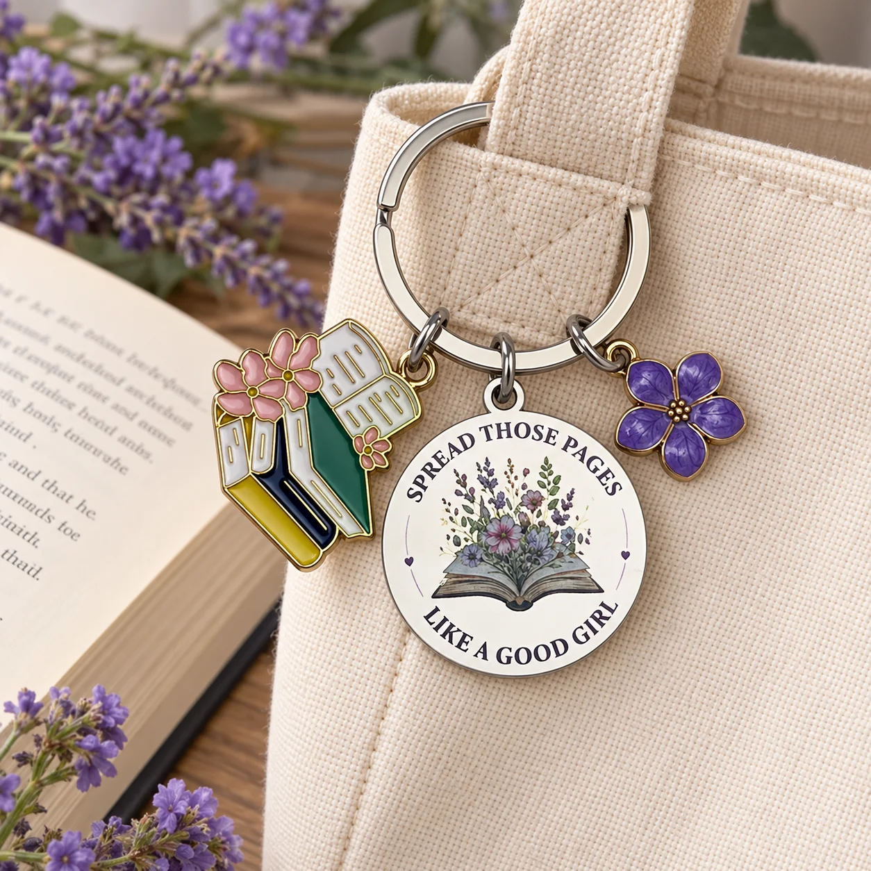 Book Lover Keychain Floral Book Charm Key Ring Spread Those Pages Like A Good Girl Bookish Gift for Readers Bag Accessories