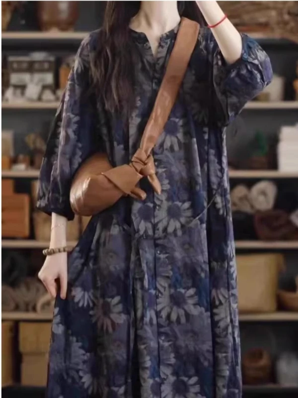 

Весна 2026: Женское платье свободного кроя с V-образным вырезом, принтом, из хлопка и льна, с эффектом похудения, рукавом три четверти, А-силуэт, в стиле ретро