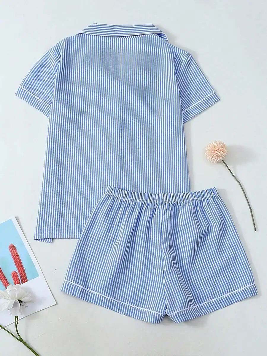 

Womens 2 Piece Striped Short Sleeve Button Up Pajama Set With Shorts