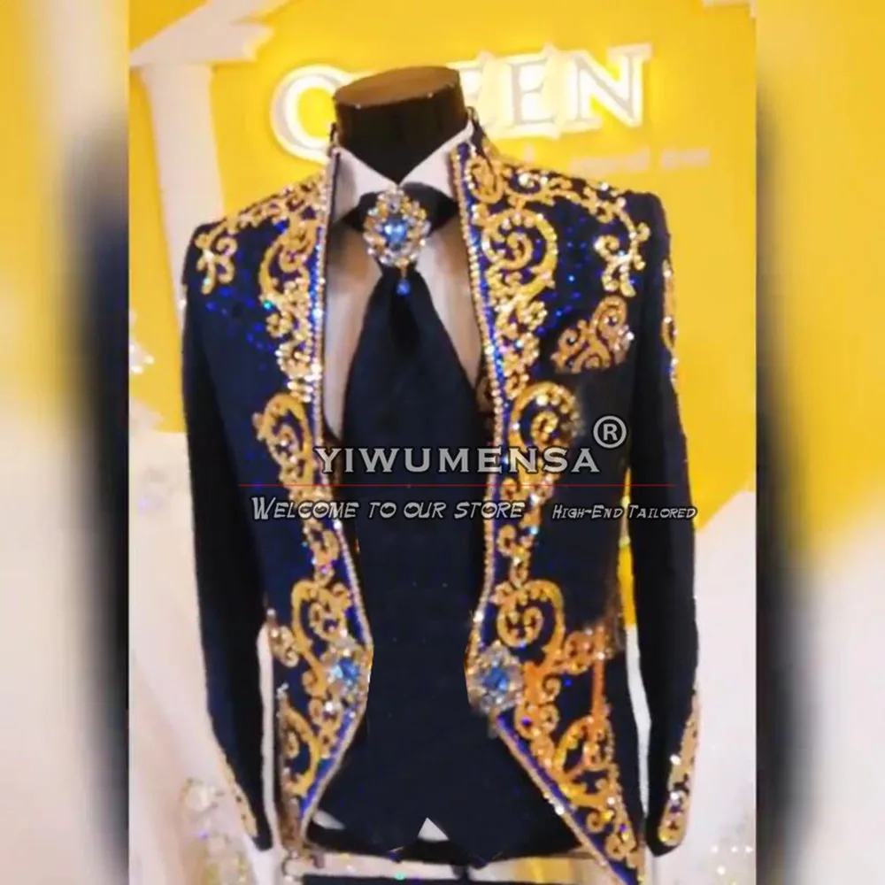 Sparkly Gold Appliques Suits Men For Wedding Unique Design Single Breasted Jacket Pants 2 Pieces Groom Tuxedos Tailored Blazers