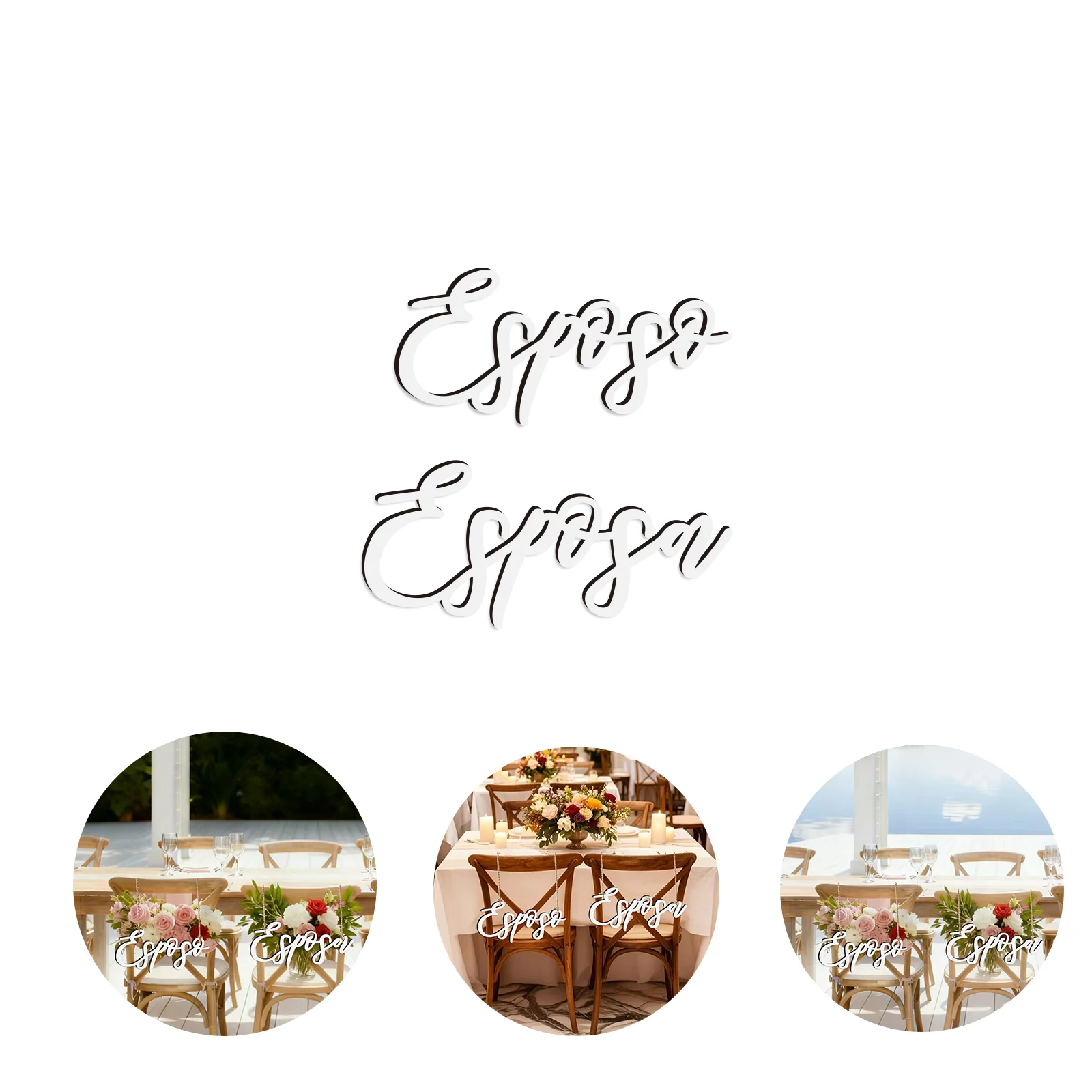 Spanish Wedding Chair Signs Set - Esposa & Esposo White Wooden 0.4cm, 28.8x13.5cm & 31.7x14.3cm, Laser Cut