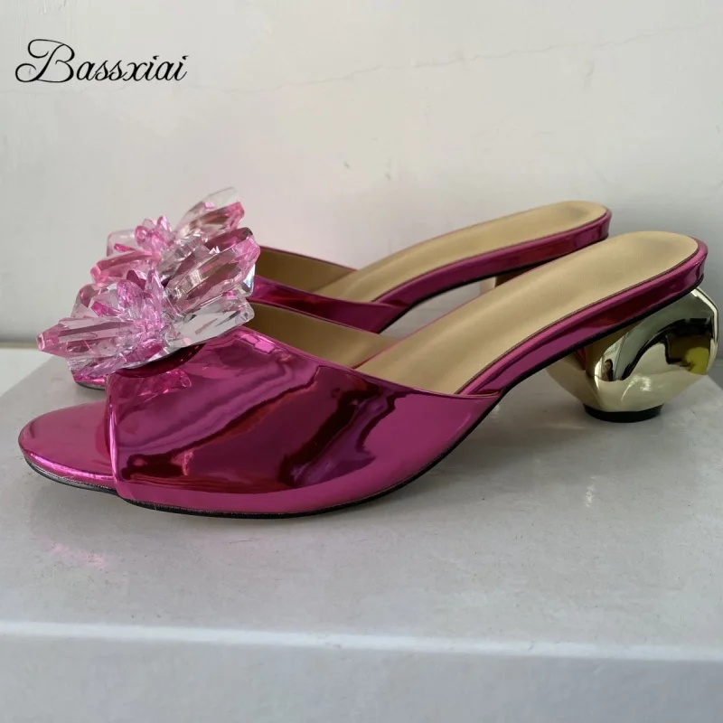 

Crystal Flower Embellishment Sandals Women Unique Strange Heel Luxury Patent Leather Slingbacks Summer Shoes
