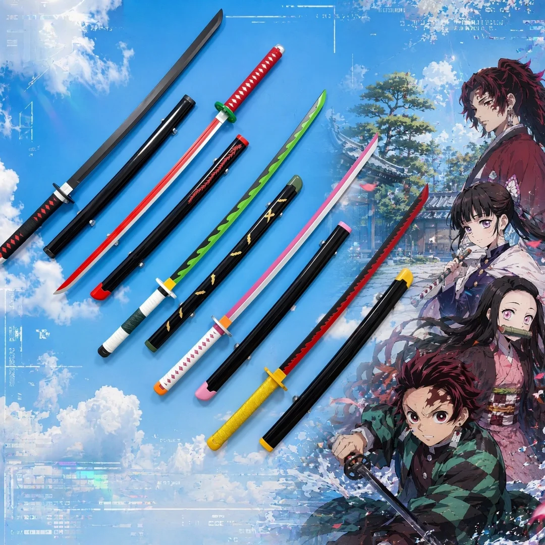 40in Demon Slayer Kamado Tanjiro Katana Anime Cosplay Prop Sword Ninja Knife Blade Sabre Multiple Styles 1:1 Scale Wood Toy Gift
